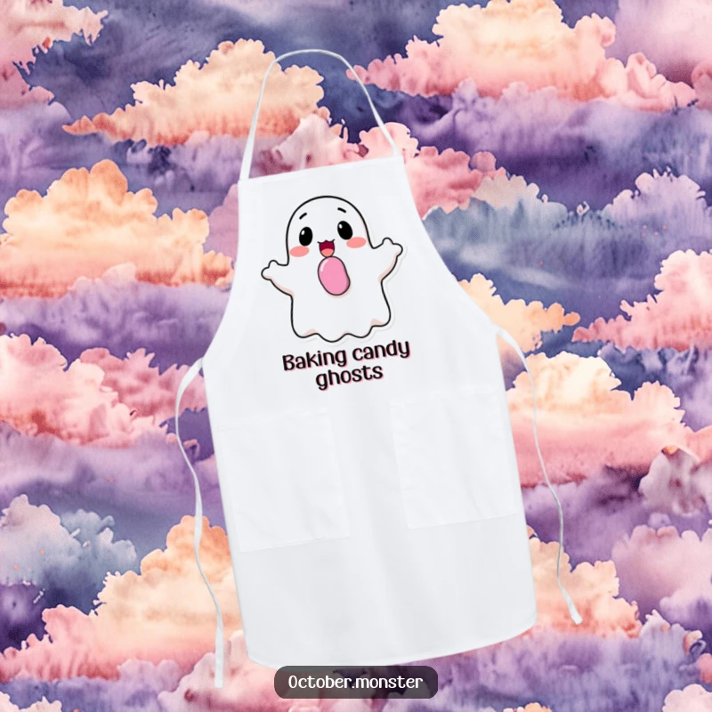 Funny happy ghost with candy in its mouth, cheerfully bobbing, on a practical apron, perfect for sweet baking.