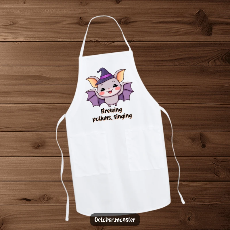 Funny happy bat wearing a tiny witch hat, flapping with glee, practical and whimsical apron.