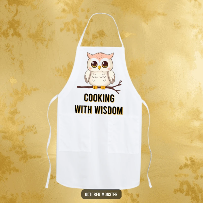 Funny chirping owl with glowing eyes perched on a cobweb, on a practical apron, for wise cooking.