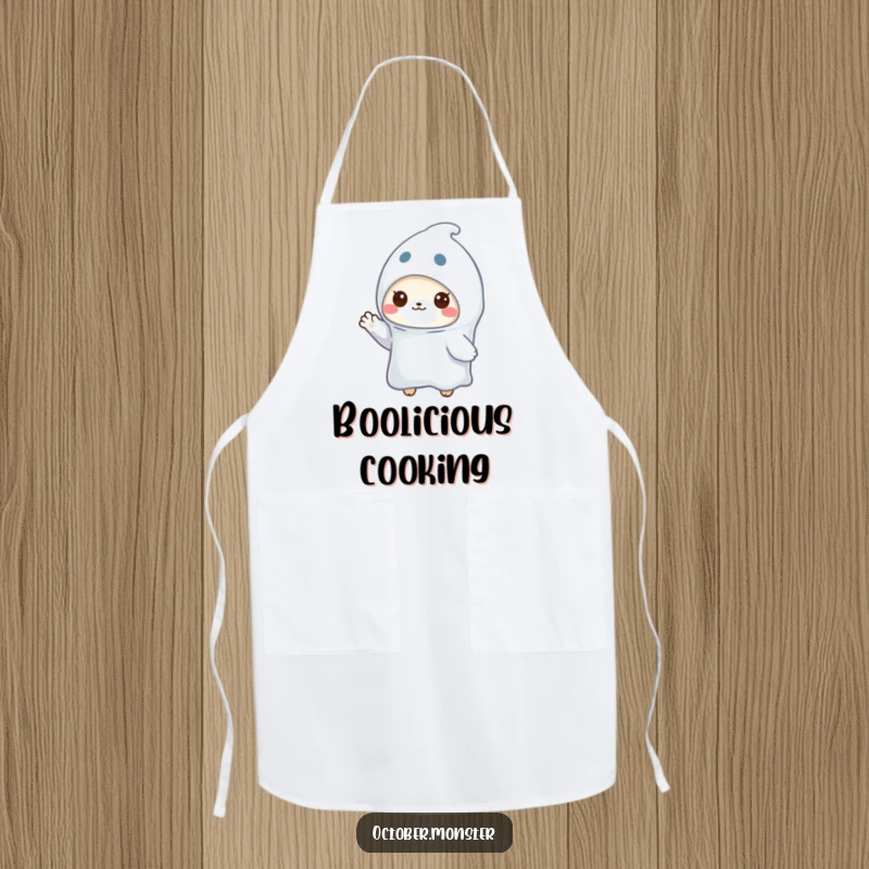 Funny ghost animal apron showing a small creature in a ghost outfit waving, ready for kitchen duties with a smile.