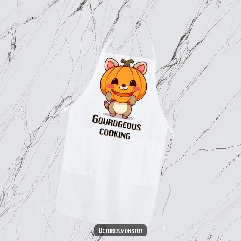 Funny pumpkin animal apron showing a cheerful creature holding a carved, glowing pumpkin, ready for kitchen duties with a smile.