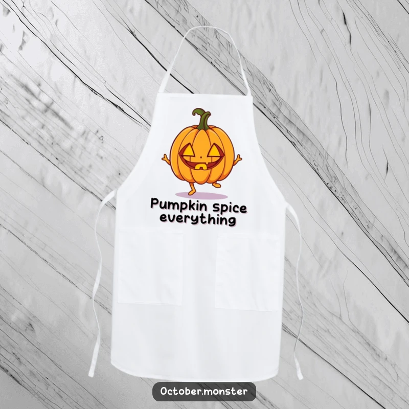Funny enthusiastic pumpkin with carved eyes, doing a little hop, on a practical apron, for energetic cooking.