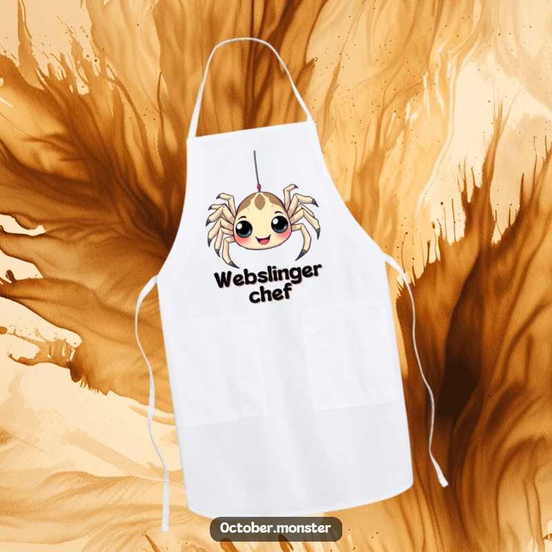 Funny Spider Apron showcasing a playful, multi-eyed spider dangling from a web, ideal for festive cooking and kitchen fun.