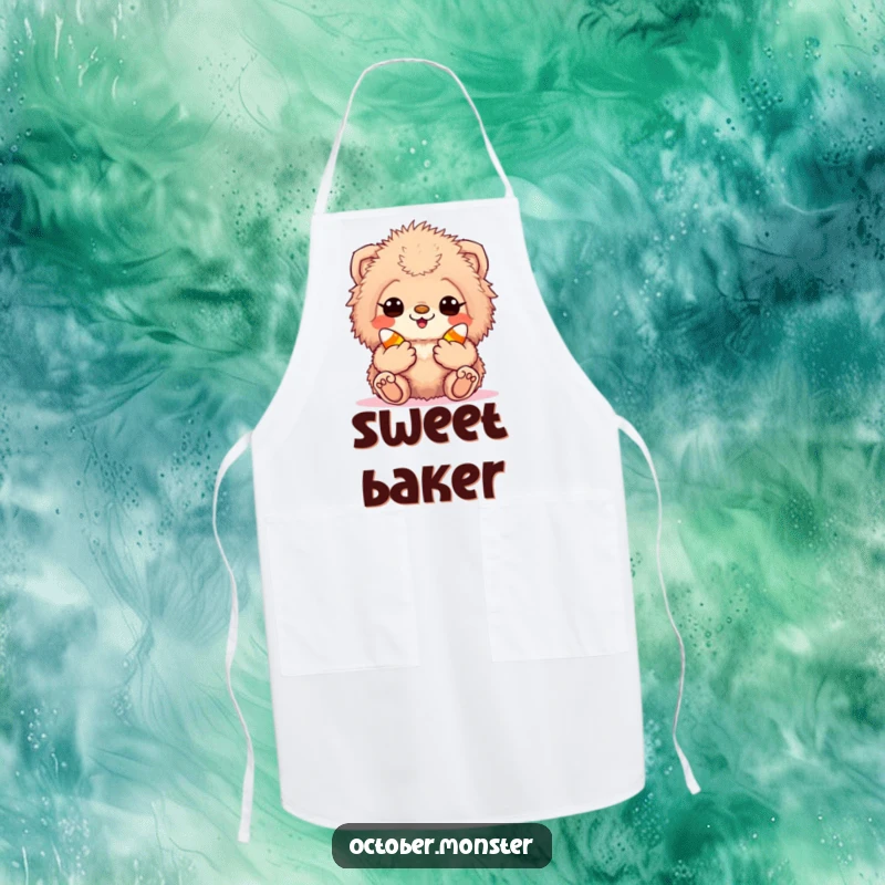 Funny candy corn creature apron showing an excited, fuzzy animal holding candy corn, ready for kitchen fun.