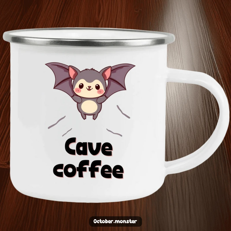 Funny bat animal camping mug with a creature in bat wings soaring, durable for outdoors and featuring whimsical design.