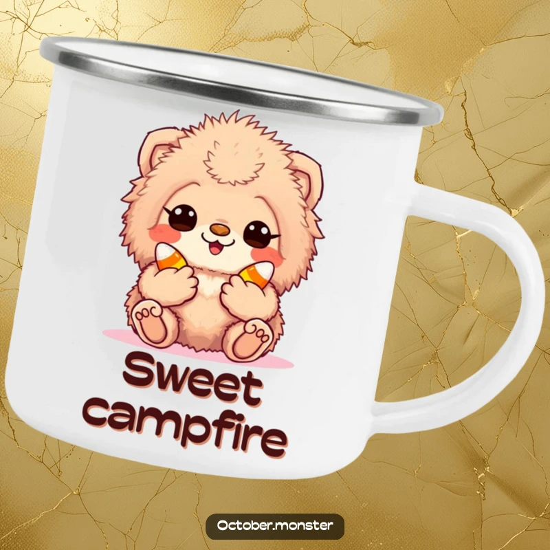 Funny candy corn creature camping mug with a fuzzy, excited animal holding candy corn, durable for outdoors and featuring sweet design.