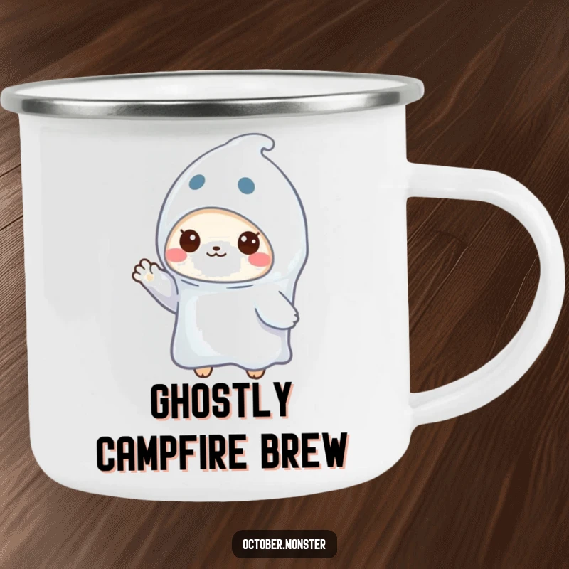 Funny ghost animal camping mug with a small creature in a ghost costume waving, designed for outdoor use and spooky cheer.