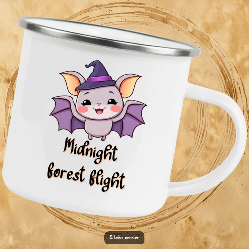 Funny happy bat wearing a tiny witch hat, flapping with glee, sturdy camping mug for outdoor fun.