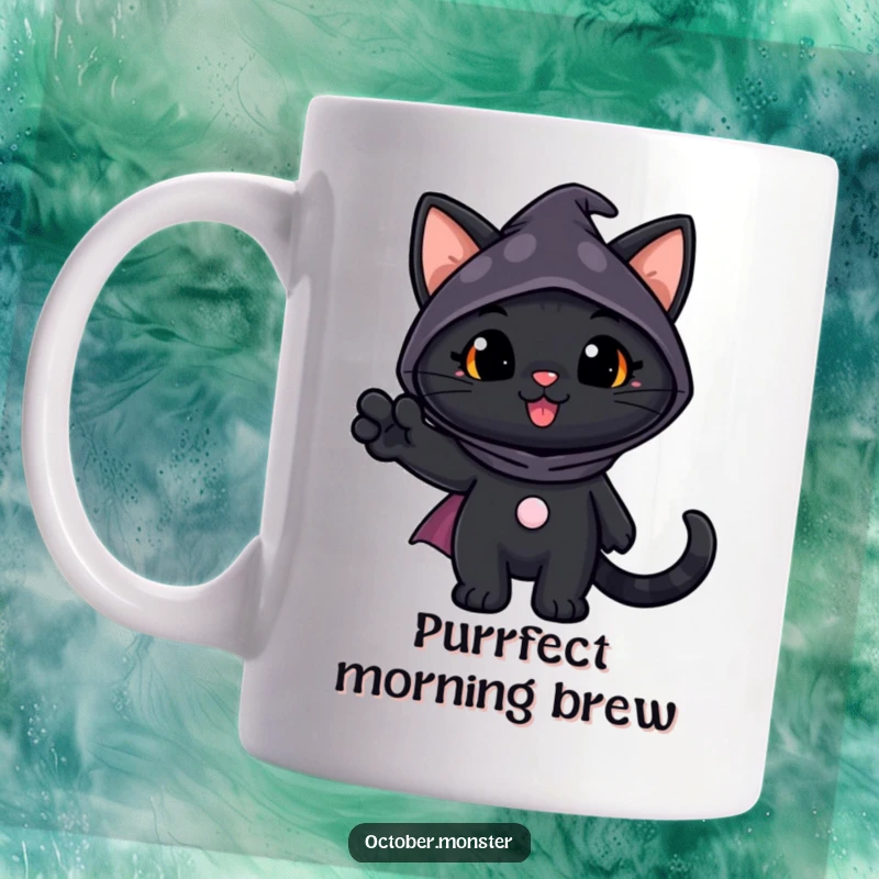 Funny Black Cat Mug featuring a cheerful black cat in a spooky costume, happily waving its paw, embodying Halloween spirit.