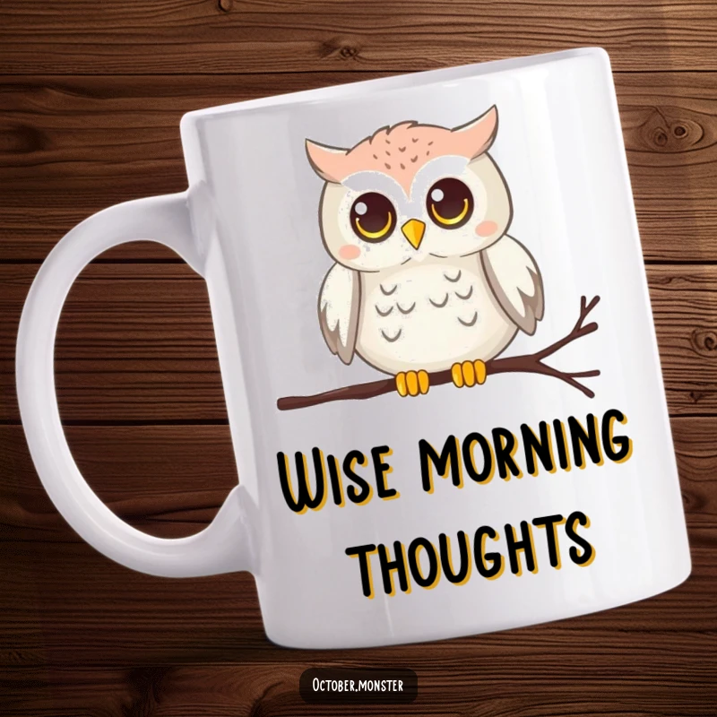 Funny chirping owl with glowing eyes perched on a cobweb, on a ceramic mug, representing nocturnal wisdom and charm.