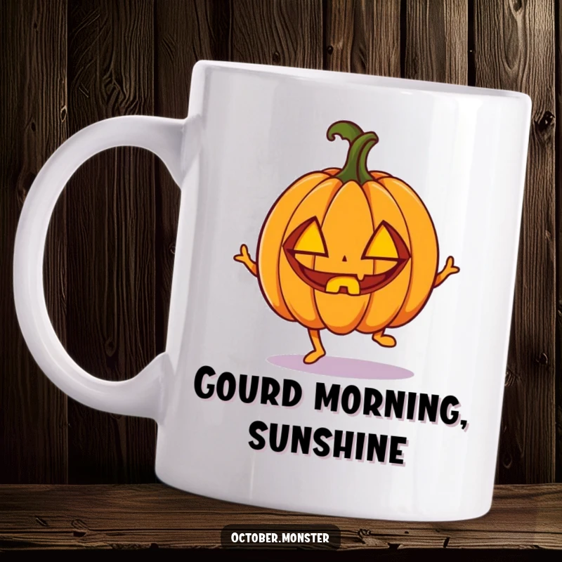 Funny enthusiastic pumpkin with carved eyes, doing a little hop, on a ceramic mug, celebrating Halloween excitement.