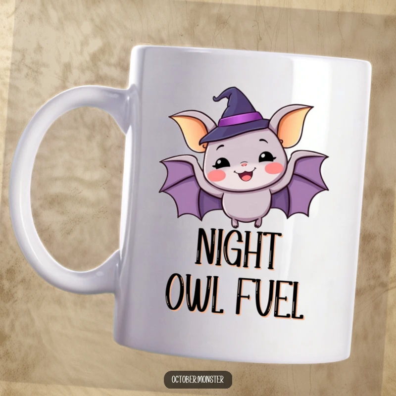 Funny happy bat wearing a tiny witch hat, flapping with glee, whimsical Halloween mug.