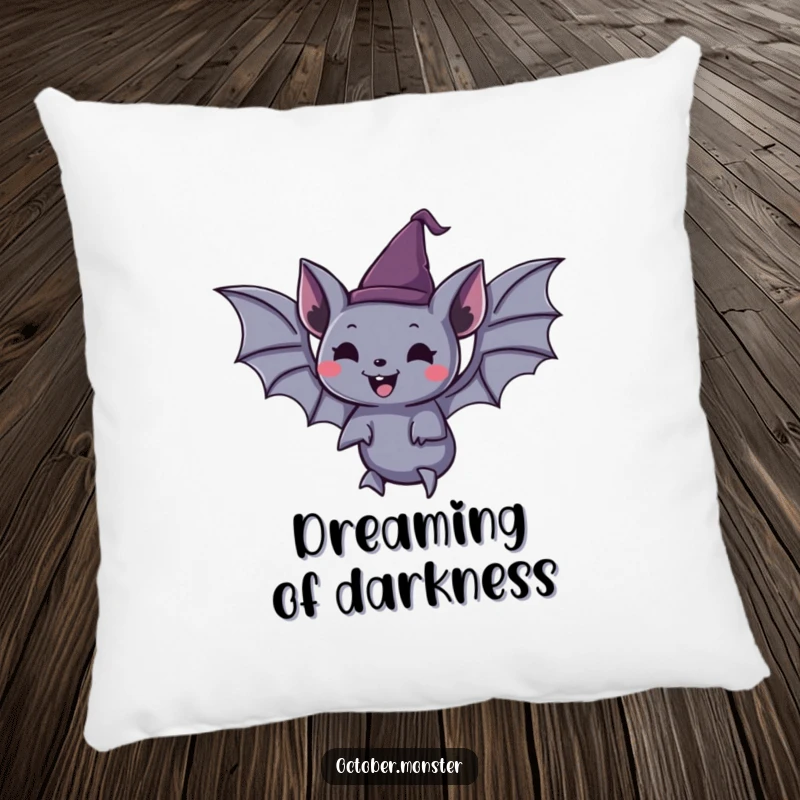 Funny spooky bat wearing a tiny pointed hat, joyfully floating, on a soft pillow, adding cozy Halloween vibes.