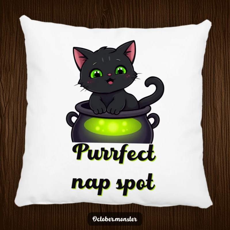 Funny smiling black cat with glowing green eyes, sitting on a cauldron, on a soft pillow, bringing magical comfort.