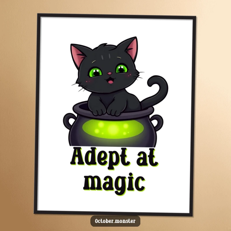 Funny smiling black cat with glowing green eyes, sitting on a cauldron, as a downloadable digital art file for printing.