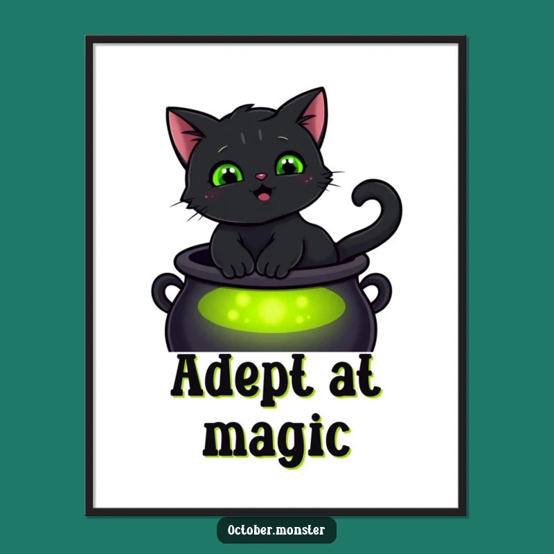 Funny Black Cat Digital Art Print - Magical Glowing Eyes Gift