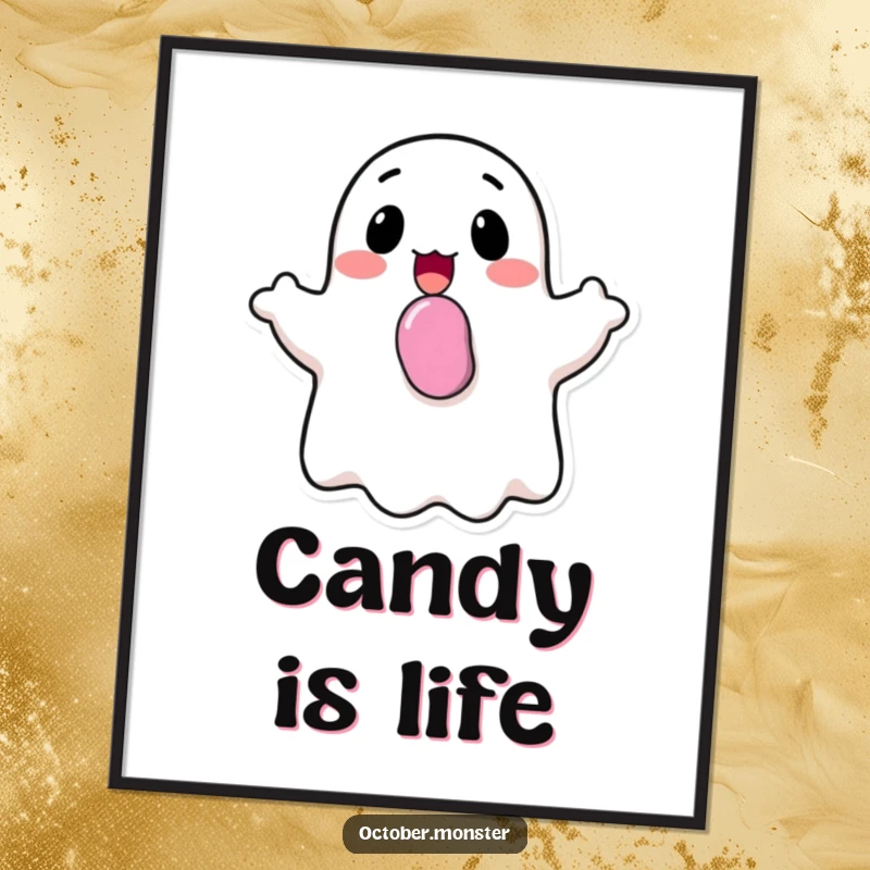 Funny happy ghost with candy in its mouth, cheerfully bobbing, as a downloadable digital art file for printing.