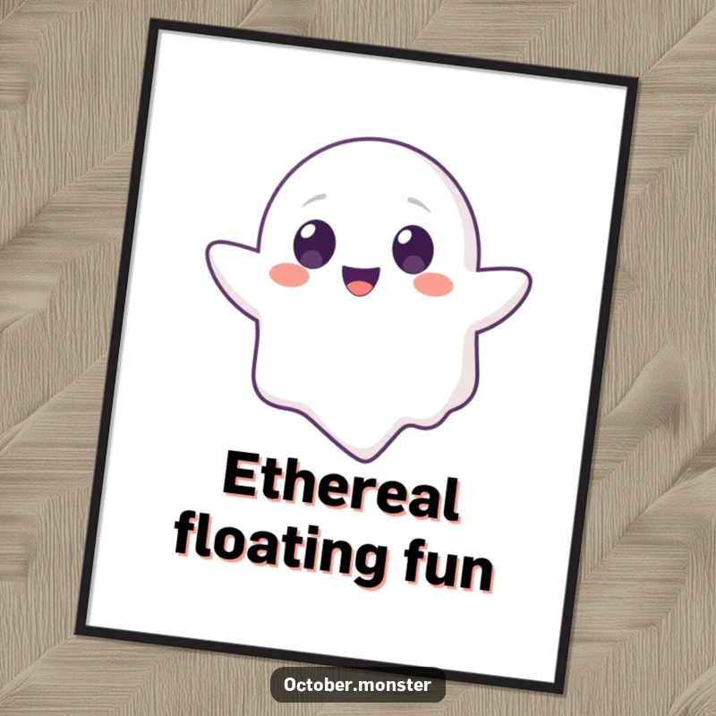 Funny Ghost Animal Digital Art Print showcasing a cute, round-eyed ghost character joyfully floating, an instant download of humor and charm.