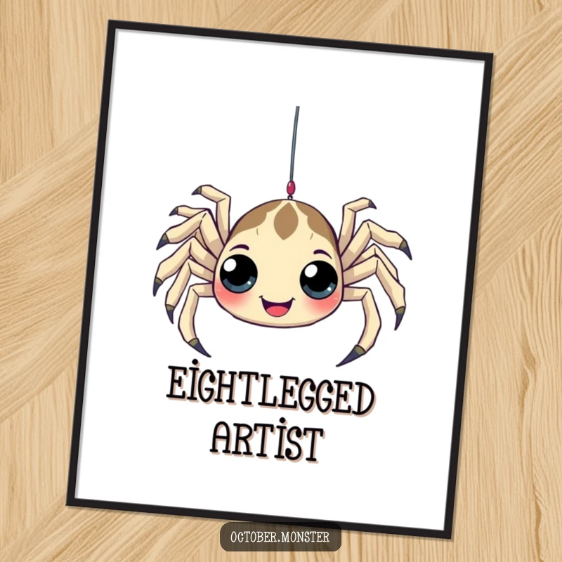 Funny Spider Digital Art Print of a playful spider with many eyes, humorously dangling from a web, offering instant quirky charm.