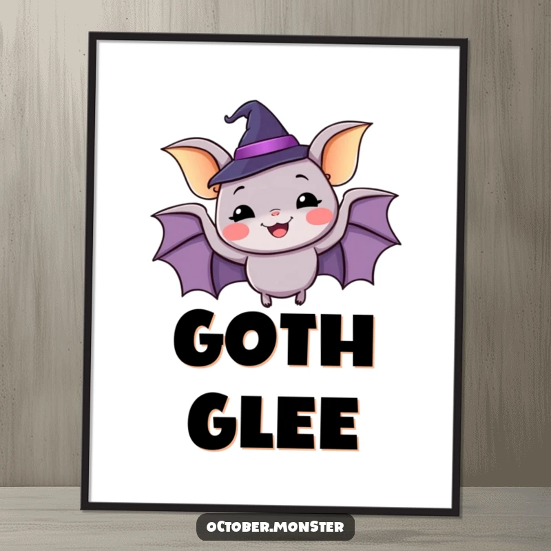 Funny happy bat wearing a tiny witch hat, flapping with glee, high-resolution digital art print.