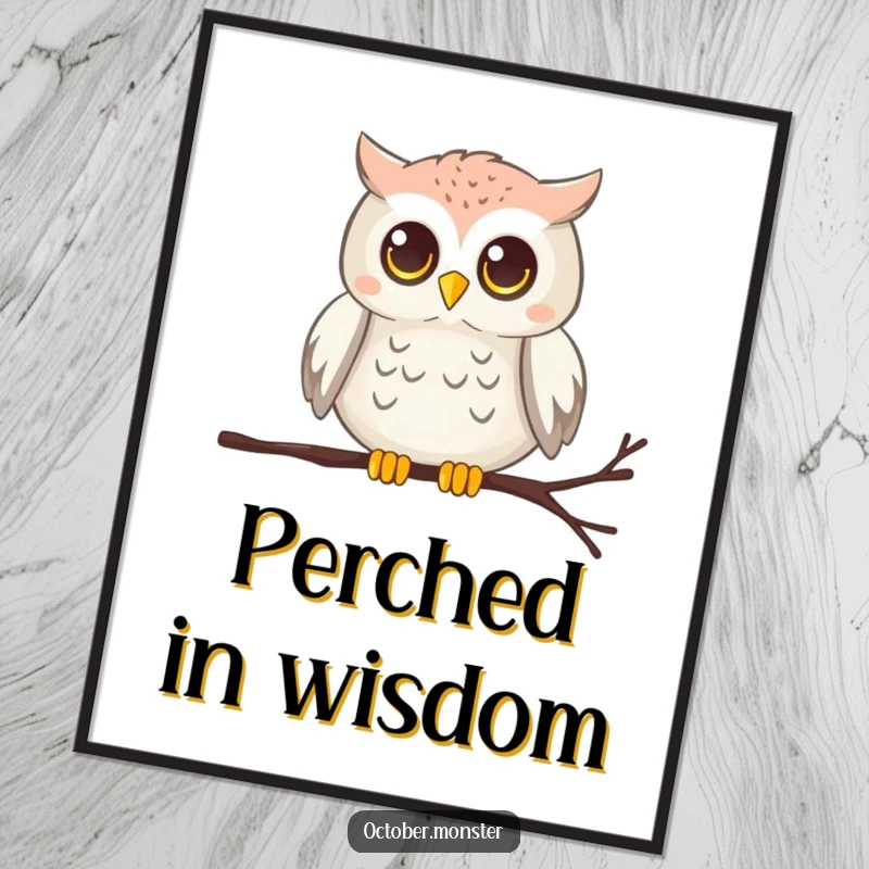Funny chirping owl with glowing eyes perched on a cobweb, as a downloadable digital art file for printing.