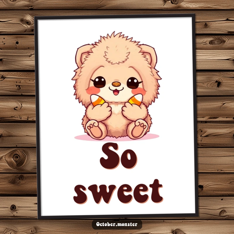 Funny candy corn creature digital art print featuring an excited, fuzzy animal holding candy corn, ready for instant download and display.