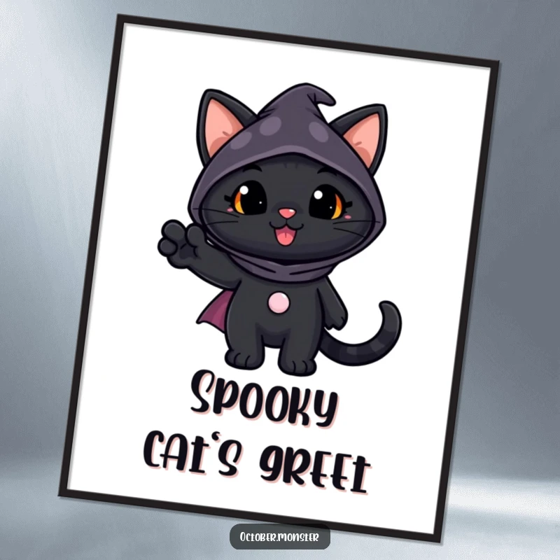 Funny Black Cat Digital Art Print of a cheerful black cat in a spooky costume waving, offering instant Halloween-themed humor and charm.