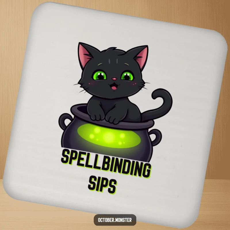 Funny smiling black cat with glowing green eyes, sitting on a cauldron, on decorative drink coasters, for magical table protection.