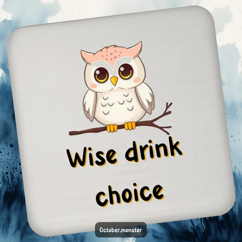 Funny chirping owl with glowing eyes perched on a cobweb, on decorative drink coasters, for wise table protection.