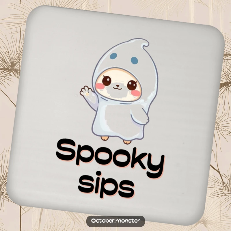 Funny ghost animal drink coaster showing a small creature in a ghost outfit waving, protecting surfaces with cute Halloween charm.