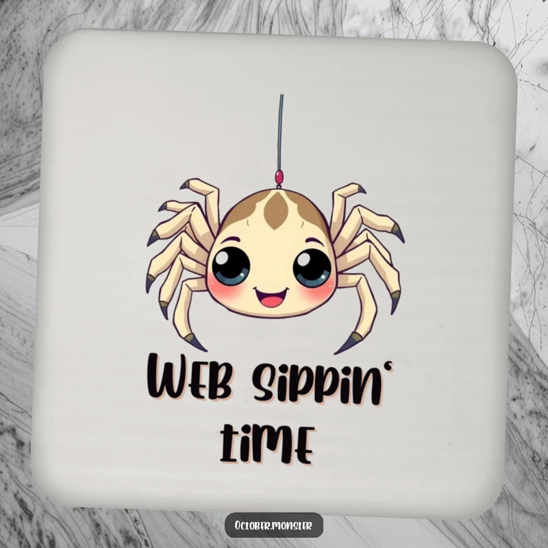Funny Spider Coaster featuring a playful spider with many eyes, humorously dangling from a web, adding charm and protecting surfaces.