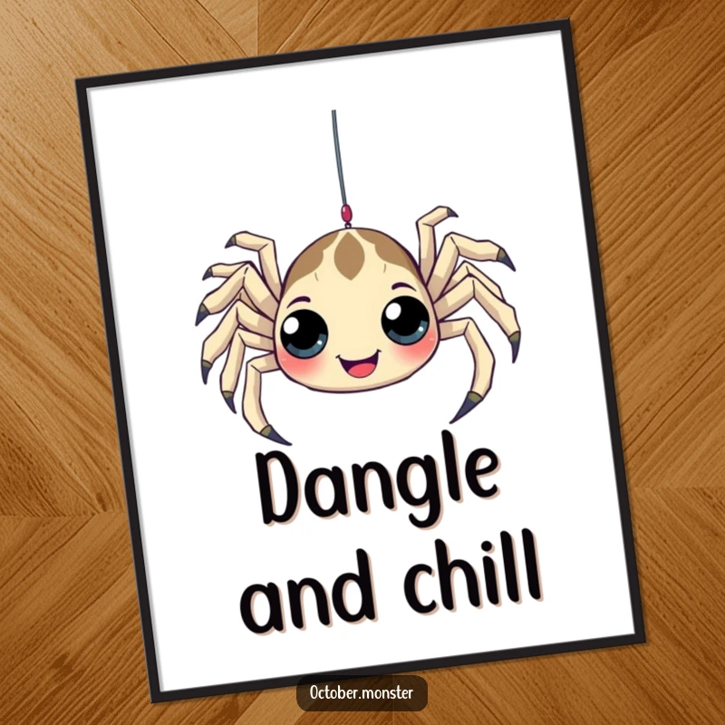 Funny Spider Poster illustrating a playful spider with many eyes, humorously dangling from a web, adding a quirky artistic touch.