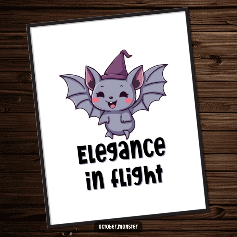 Funny spooky bat wearing a tiny pointed hat, joyfully floating, as a vibrant art print, adding whimsical charm.