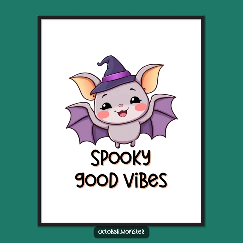 Funny Happy Bat Witch Hat Poster: Whimsical Halloween Wall Art