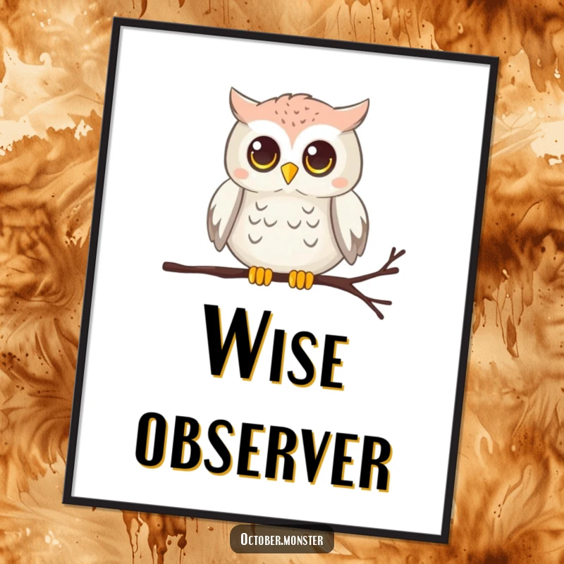 Funny chirping owl with glowing eyes perched on a cobweb, as a vibrant art print, depicting nocturnal wisdom.