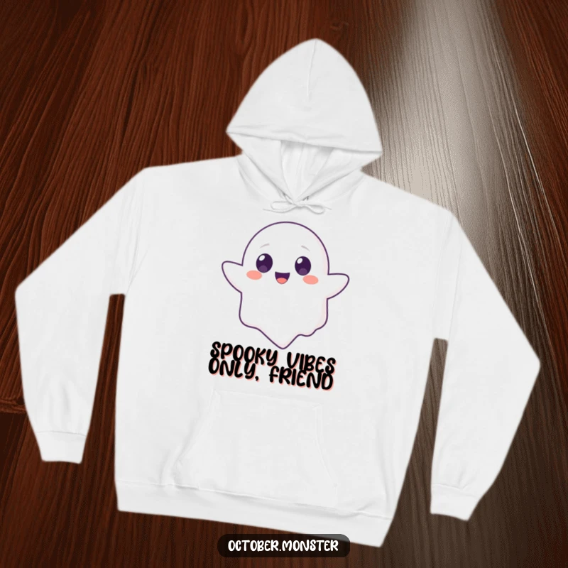 Funny Ghost Animal Hoodie featuring a charming, round-eyed ghost character floating contentedly, perfect for cozy and humorous wear.