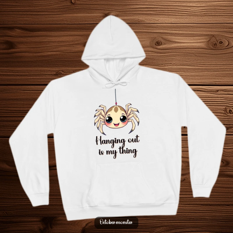 Funny Spider Hoodie featuring a playful spider with many eyes, humorously dangling from a web, offering warmth and quirky style.