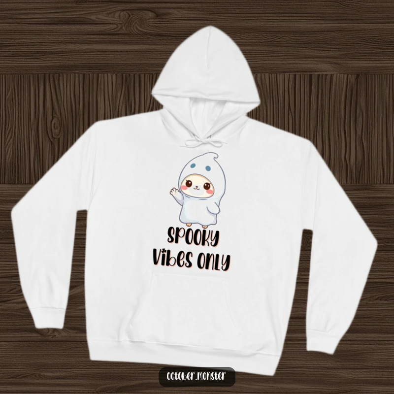 Funny ghost animal hoodie with a cute creature in a ghost costume waving, designed for warmth and spooky humor.