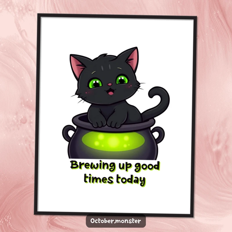 Funny Free Printable Wall Art: A smiling black cat with glowing green eyes, perched mysteriously on a cauldron, perfect for Halloween.