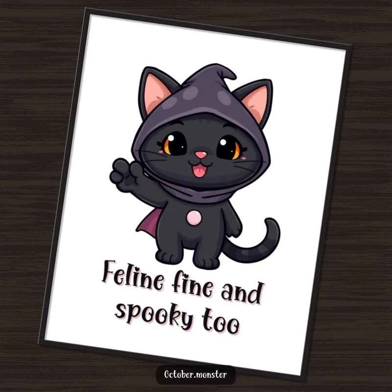 Funny free printable wall art featuring a cheerful black cat in a spooky costume waving a paw, adding a playful vibe to any room.