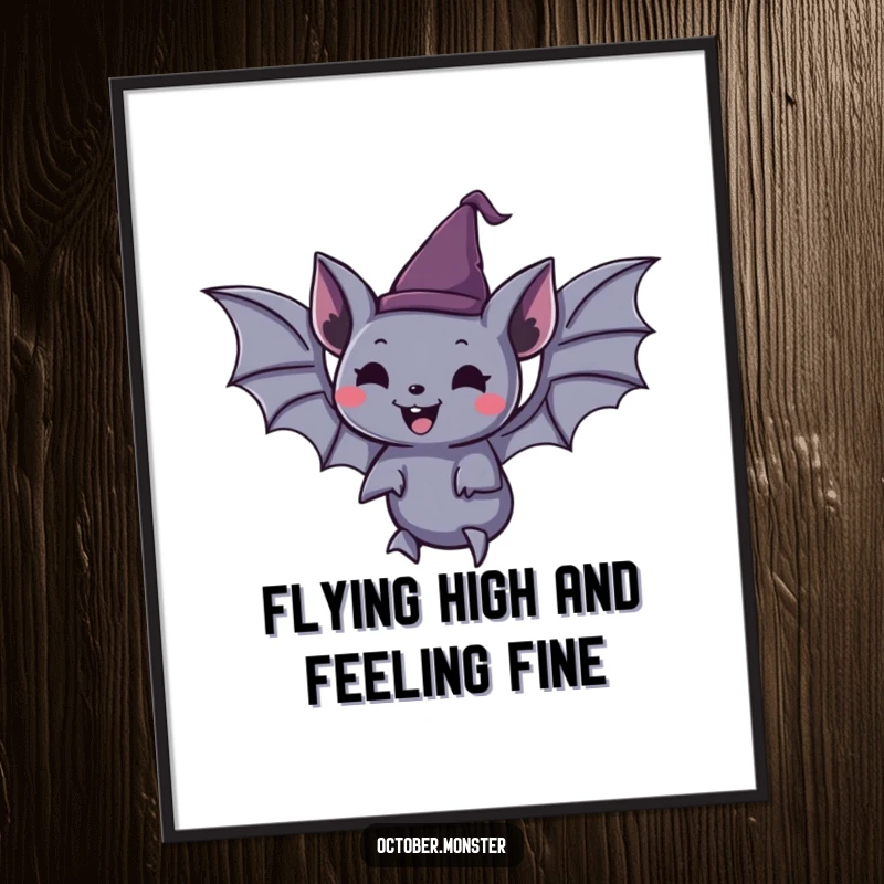 Funny Free Printable Wall Art: A spooky bat wearing a tiny pointed hat, floating with immense joy, perfect for Halloween.