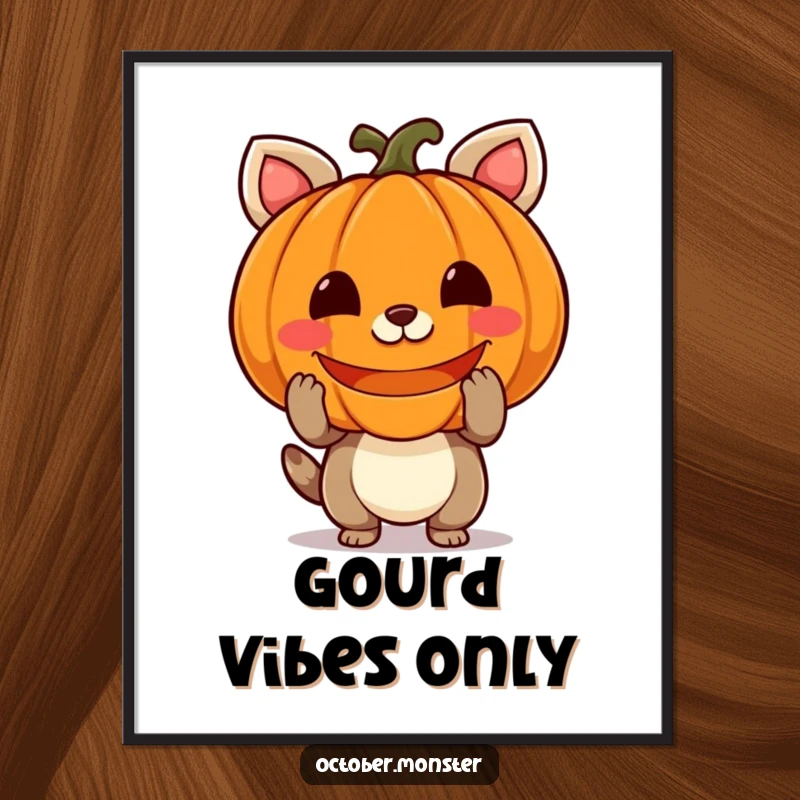 Funny Free Printable Wall Art: A cheerful animal holding a carved pumpkin with a glowing face, radiating warmth and fun.