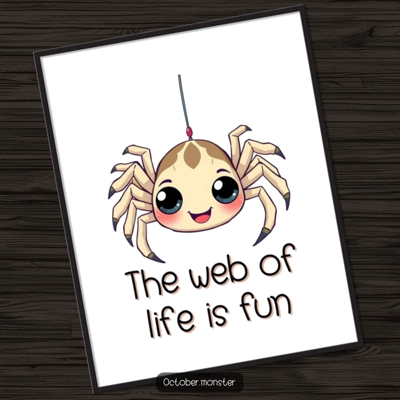 Funny free printable wall art featuring a playful spider with many eyes dangling from a web, adding quirky charm to any room.
