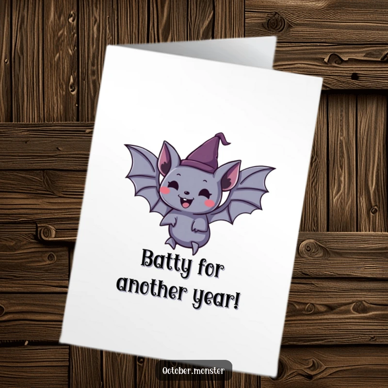 Funny Free Printable Birthday Card: Spooky bat in a pointed hat floating with pure, unadulterated joy, ready to celebrate.