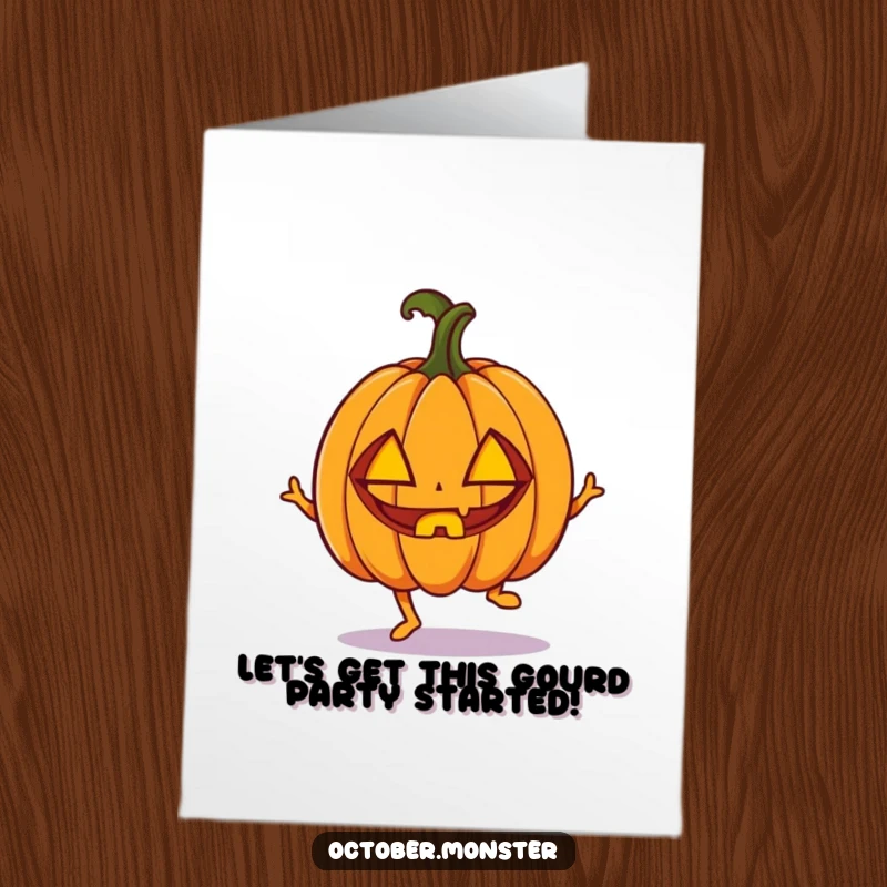Funny Free Printable Birthday Card: An enthusiastic pumpkin with carved eyes, doing a joyful hop to celebrate your special day.