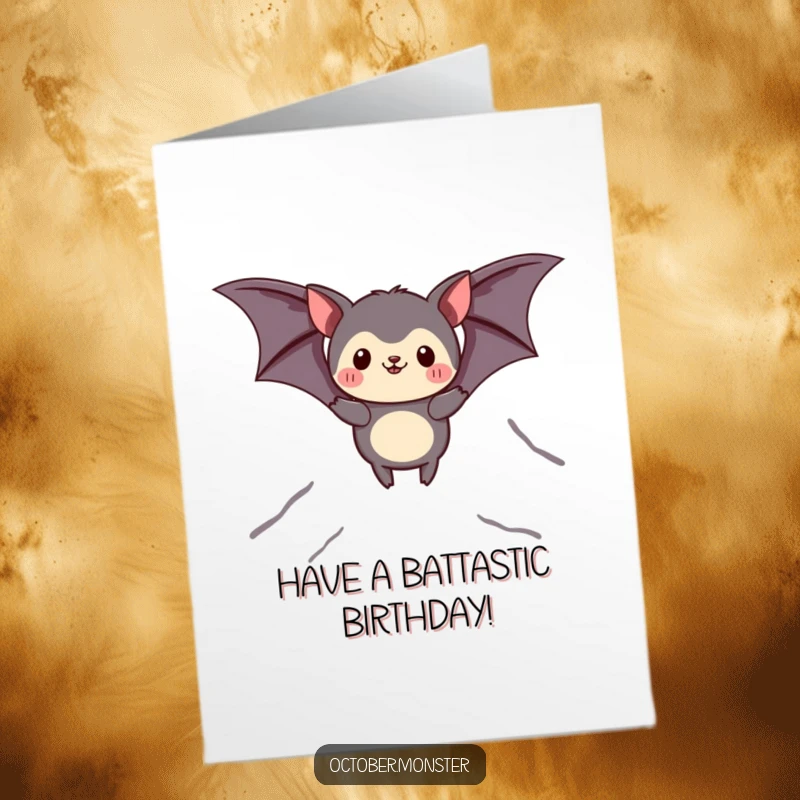 Funny Free Printable Birthday Card: A friendly bat animal soaring joyfully, celebrating with birthday wishes from the sky.