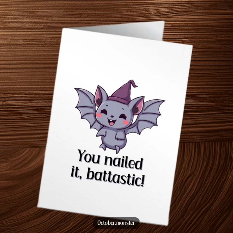 Funny Free Printable Congratulations Card: A spooky bat wearing a tiny hat, floating joyfully to celebrate your success.