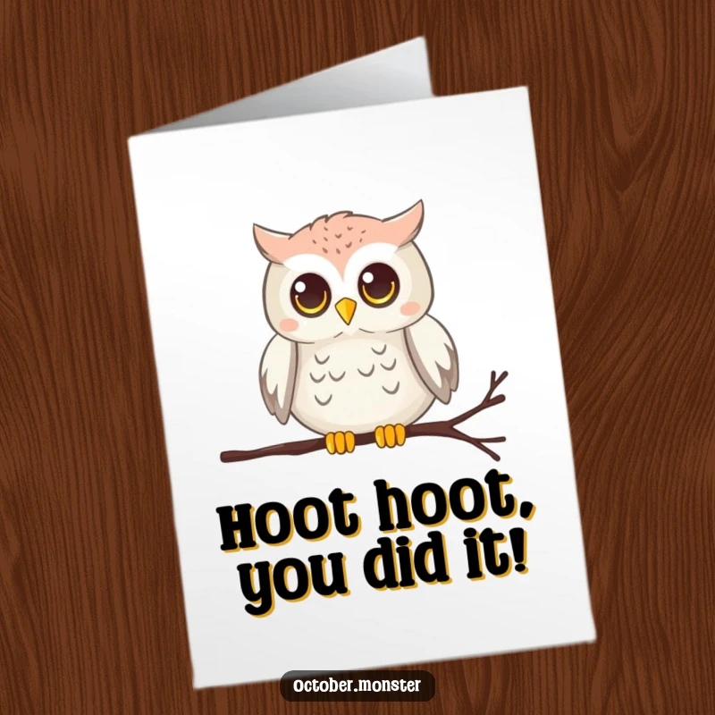 Funny Free Printable Congratulations Card: A chirping owl with glowing eyes on a cobweb, celebrating your smart achievement.