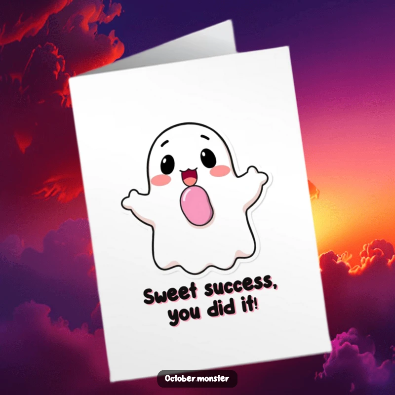 Funny Free Printable Congratulations Card: A cheerful ghost with candy in its mouth, bobbing happily to celebrate your achievement.