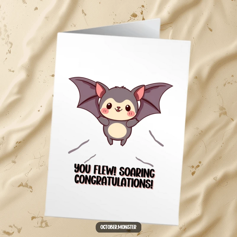 Funny Free Printable Congratulations Card: An animal dressed as a friendly bat soaring through the air, celebrating success.